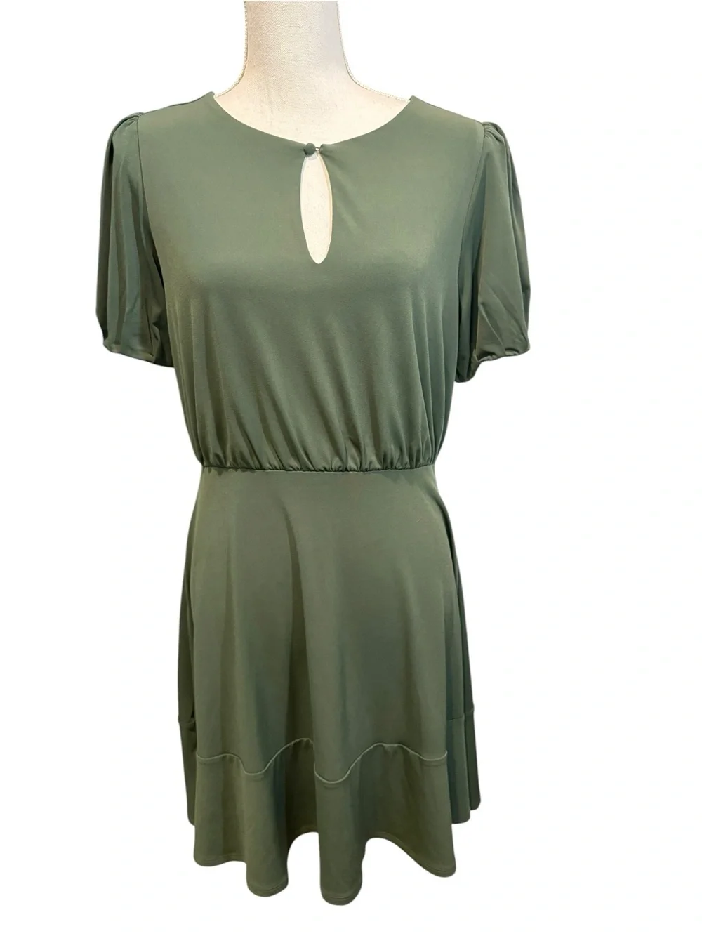 Loft Green Keyhole Puff Sleeve Midi A-Line Dress.  Size 6